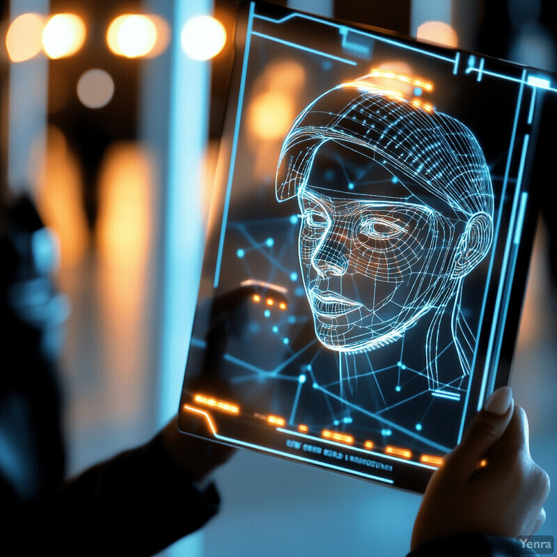 A person displays an AR device showing a 3D illustration of a human head against a blurred background.