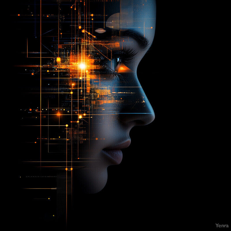 A digital artwork featuring a woman's face with a futuristic circuit board pattern superimposed over her skin.