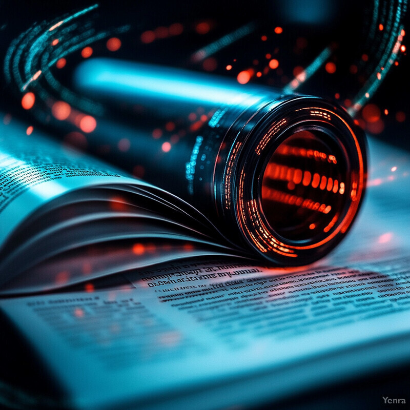 A cylindrical metal object with red and blue lights is placed on top of a piece of paper or document in a darkened laboratory or research setting.