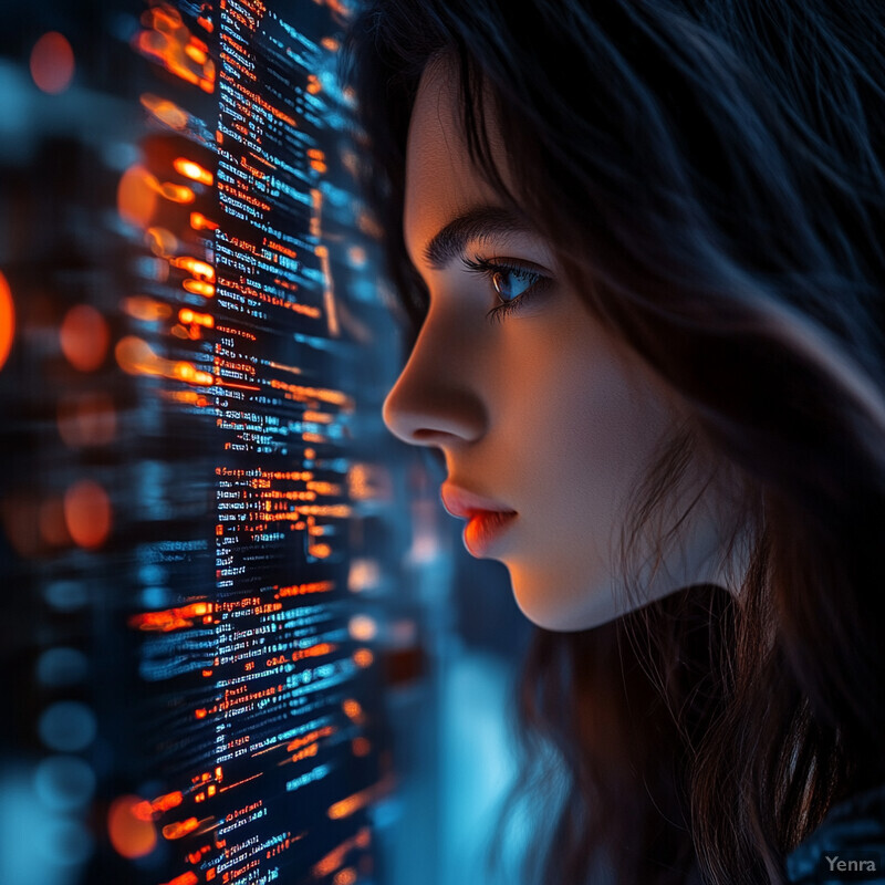 A woman intently examines a large screen displaying lines of code, conveying a sense of focus and attention to detail.