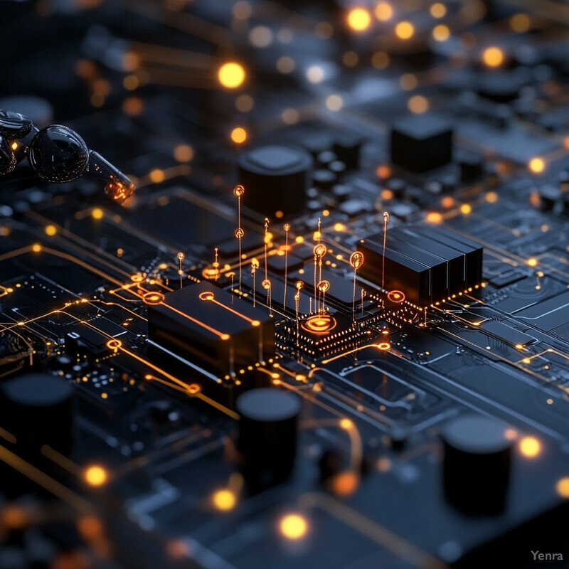 A close-up view of a computer motherboard, showcasing its intricate circuitry and components.