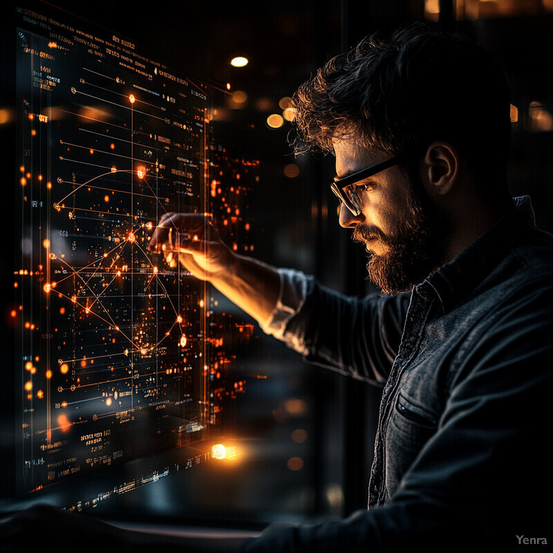 A man examines a screen displaying predictive analytics for fraud patterns.