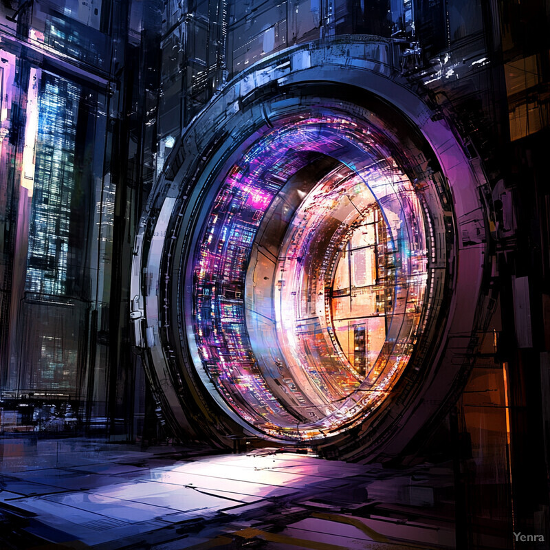 A futuristic portal surrounded by a metallic structure in a dark control room.