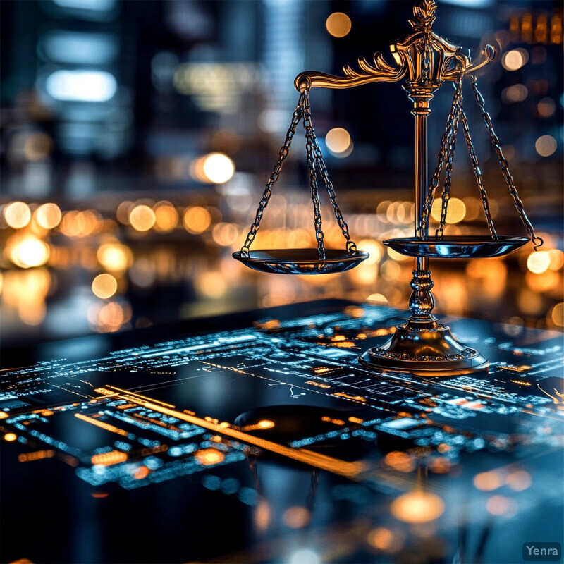 A scale of justice sits on top of a computer motherboard, set against a blurred cityscape backdrop.