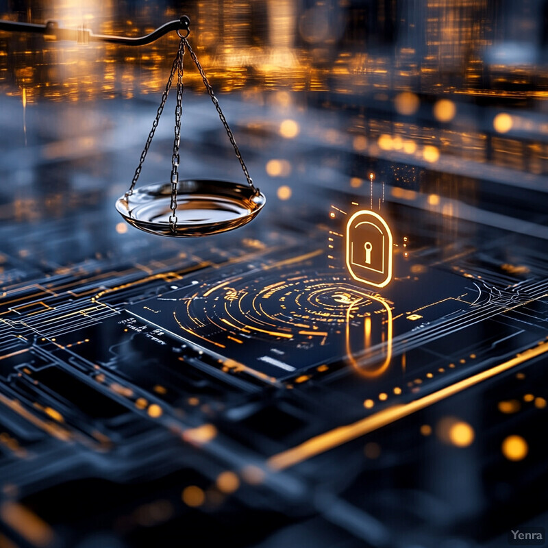 A digital representation of a scale and padlock on top of an electronic circuit board