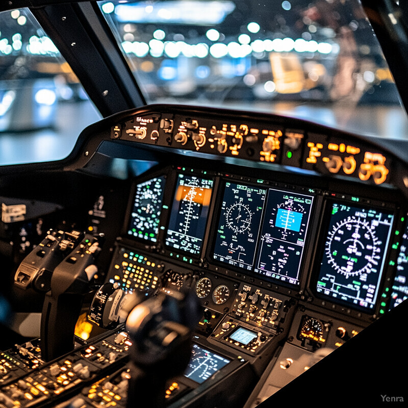 A detailed view of an airplane cockpit with various instruments and controls visible.