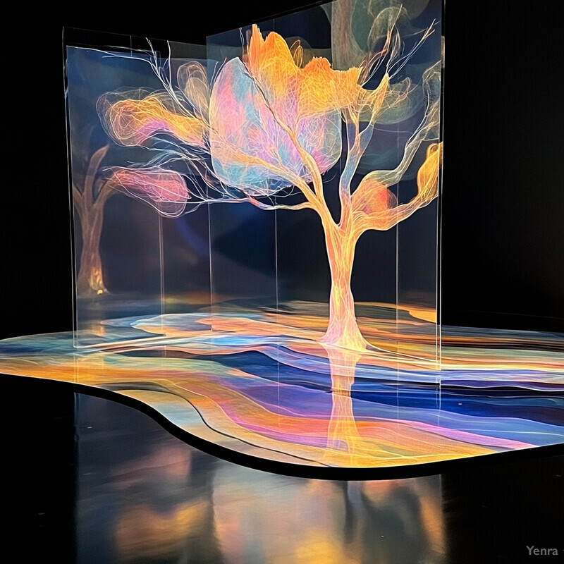 An artistic installation featuring a large, abstract tree with branches and leaves made of swirling, colorful smoke or mist.