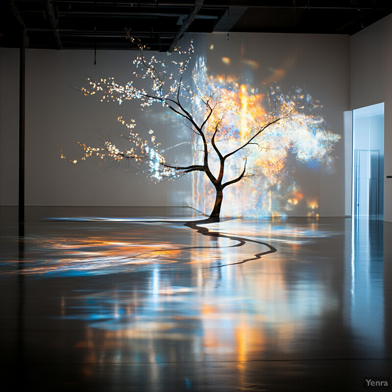 An art installation featuring a tree with bare branches illuminated by projected light.