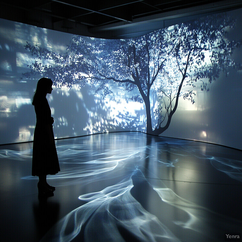 A woman stands in an art gallery or museum, admiring a video installation of a blue sky with white clouds and trees.