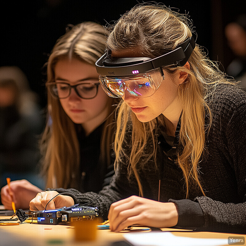 Two women working at a table with a blue device and wires.