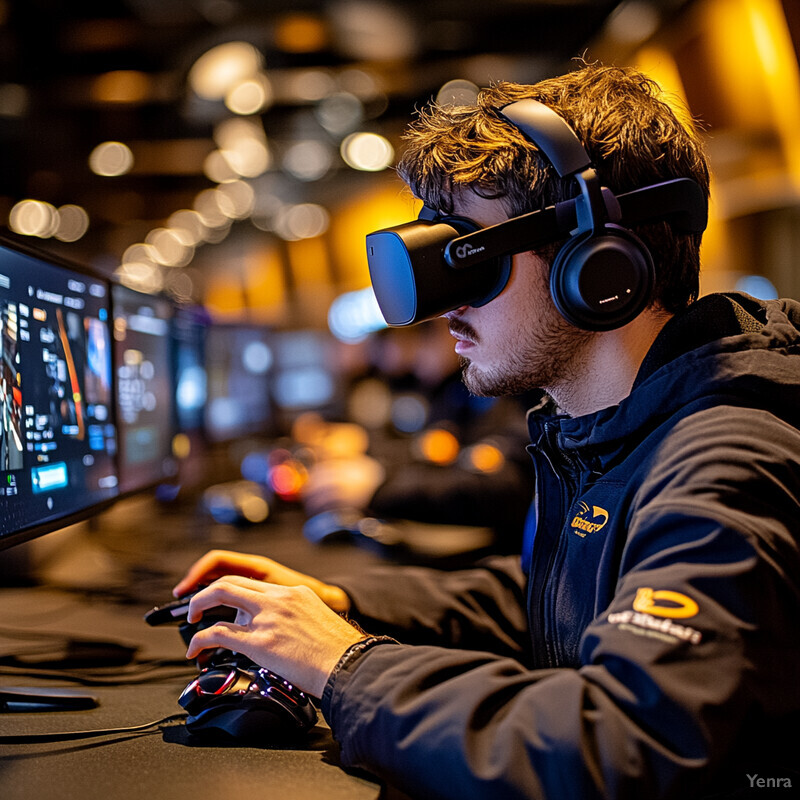 A man is using VR goggles and headphones to play games on his computer.