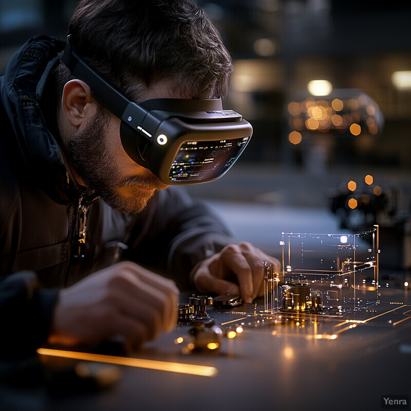 A man examines a circuit board through augmented reality glasses in an industrial or laboratory setting.