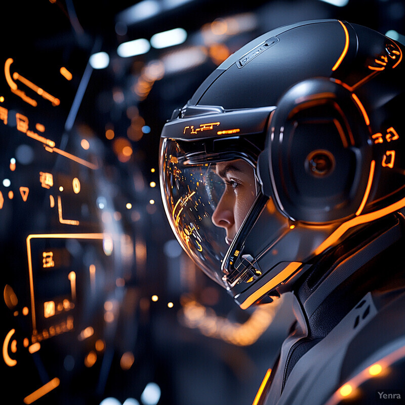 A person wearing a futuristic helmet with an orange and black design in a high-tech control room.