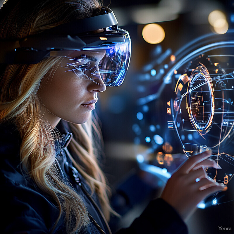 A woman in an industrial setting adjusts a machine while wearing transparent curved goggles.