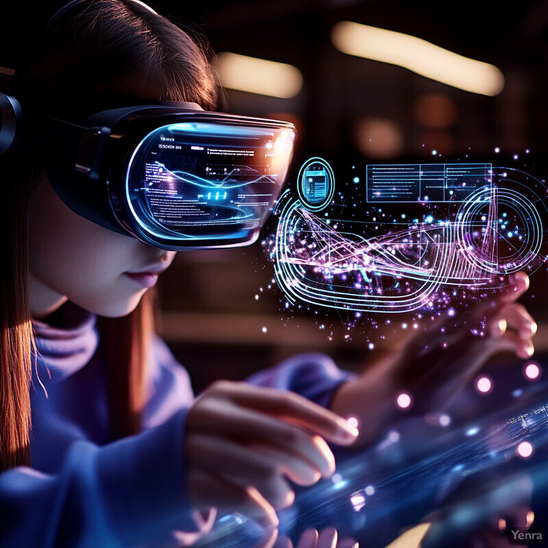 A woman wearing VR goggles and holding a controller, immersed in a virtual world.