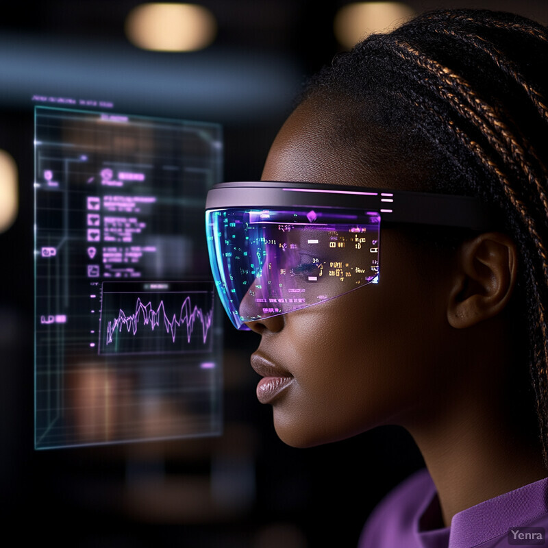 A woman wearing augmented reality glasses in an office setting, surrounded by papers and objects.