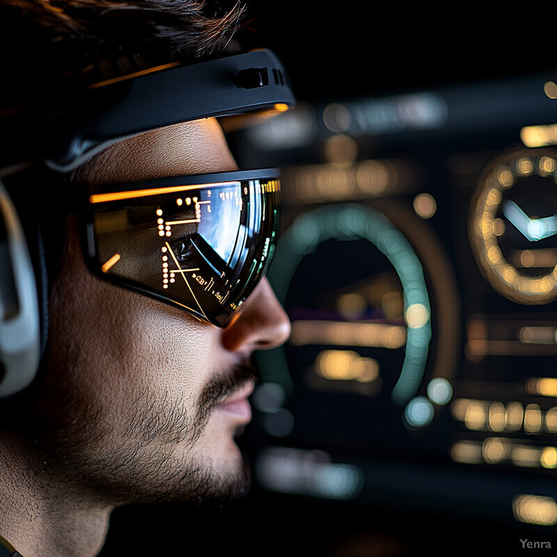 A man wearing futuristic glasses with an orange trim and black frames is engaged in some kind of scientific or technological activity.