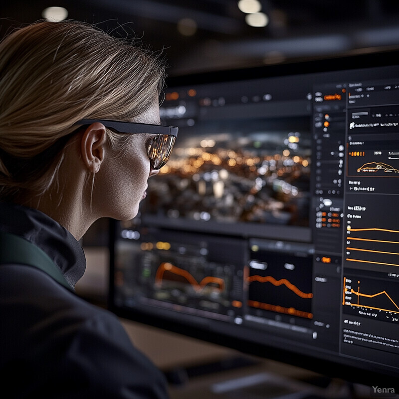 A woman in an office setting examines multiple screens displaying graphs and charts.