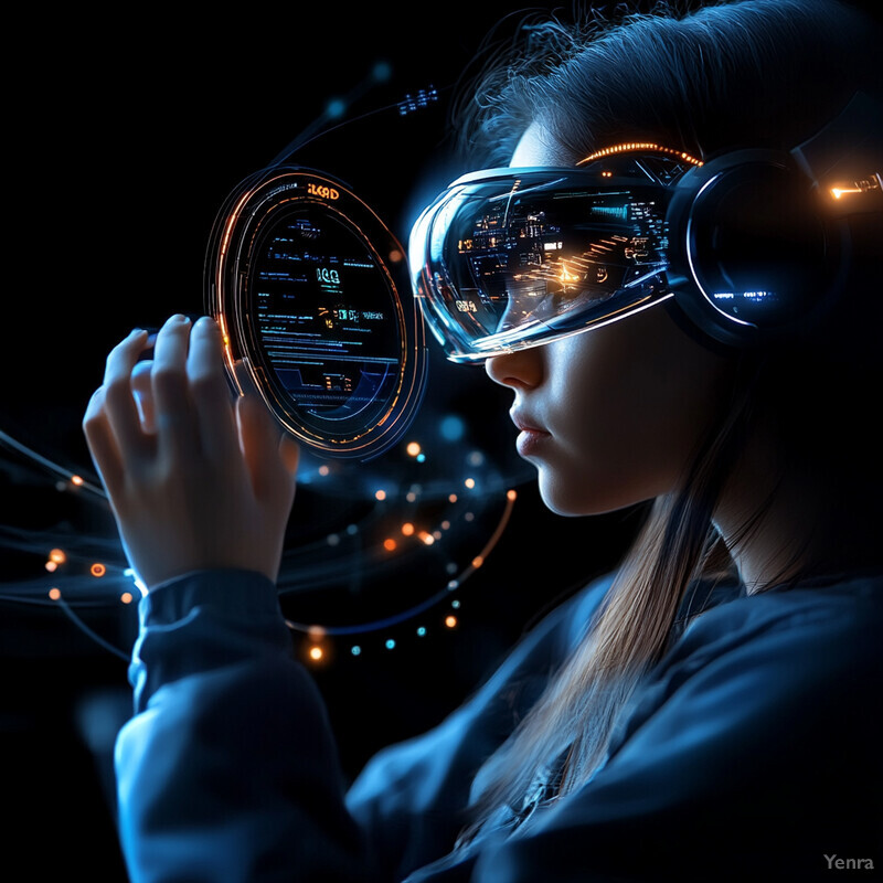 A woman wearing virtual reality goggles and holding a circular device with text on it.