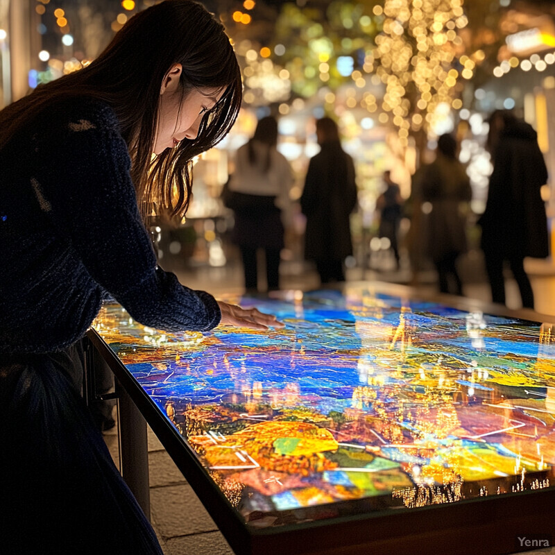 A woman examines an interactive display of traditional Chinese art at a museum or art gallery.