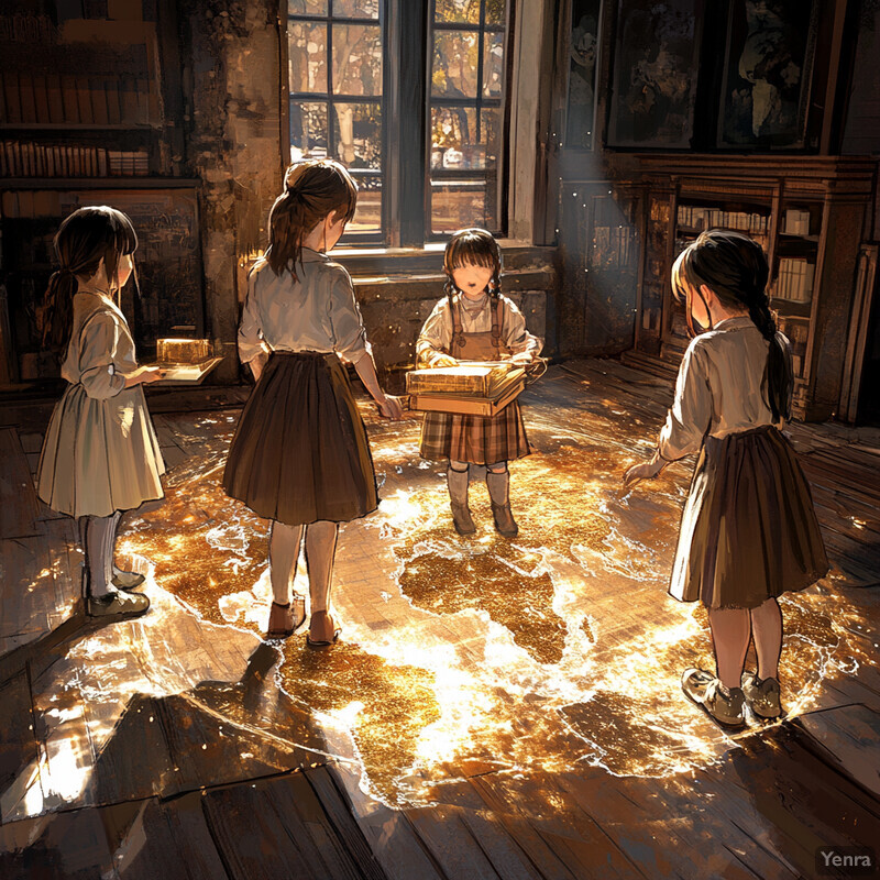 Four young girls gathered around books and shelves in a cozy setting.