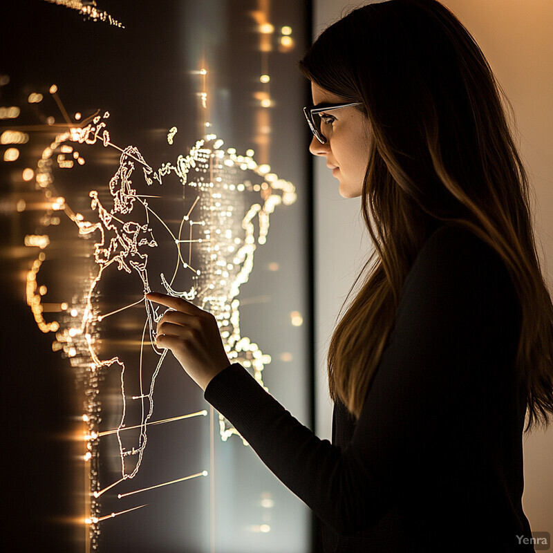 A woman stands in front of a large screen displaying a world map, pointing to a specific location.