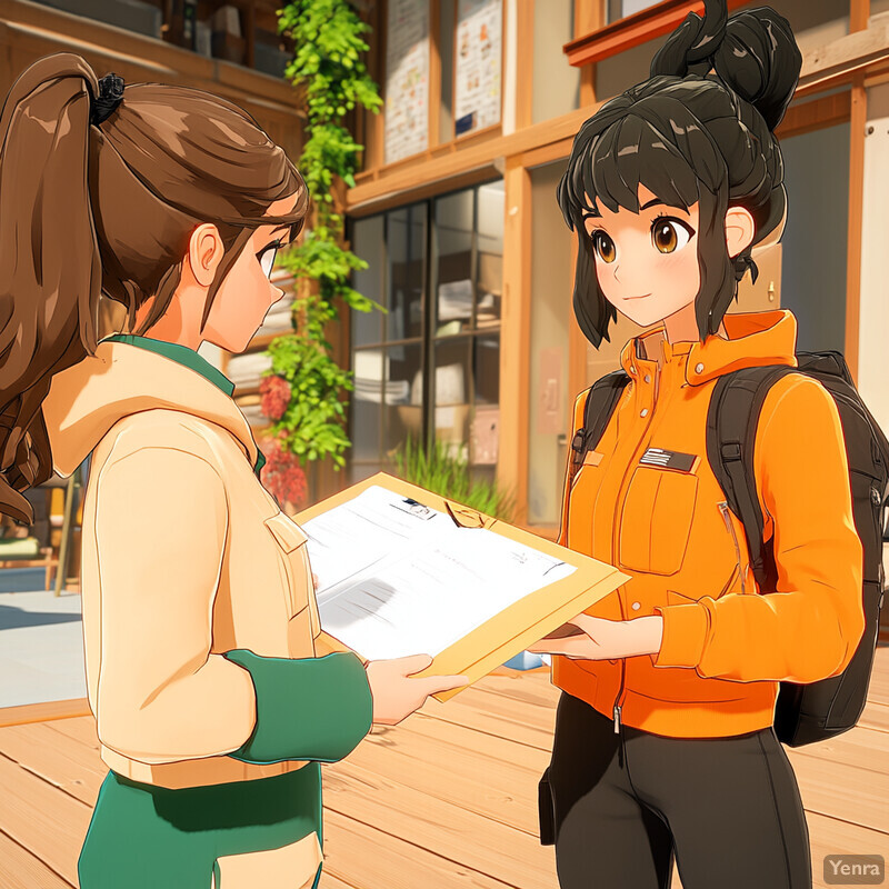 Two young women converse on an outdoor wooden deck outside a building.