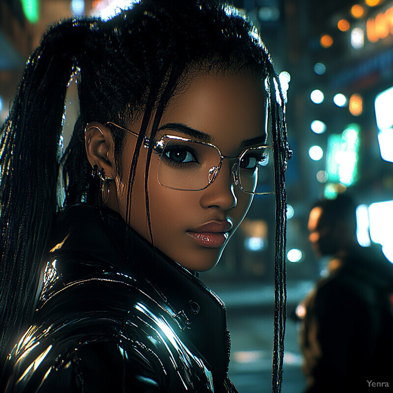 A woman with long black hair and gold-framed glasses poses for a photograph or video shoot in an urban environment.