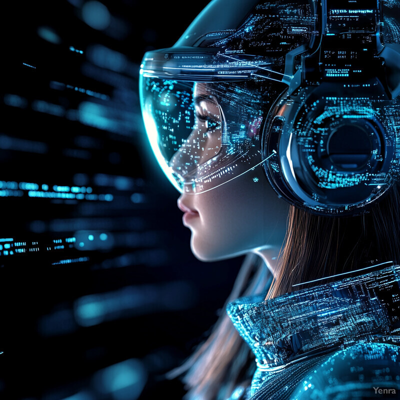 A woman wears futuristic goggles and headphones with a cityscape visible through the lenses.