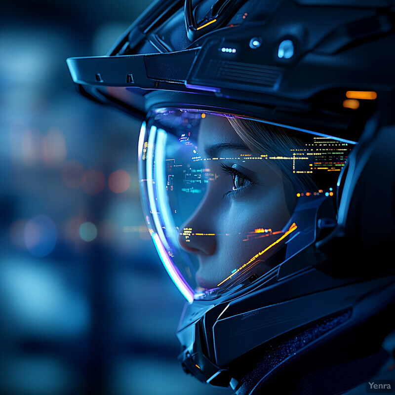 A woman wears a futuristic helmet with a clear visor that reflects a cityscape at night.