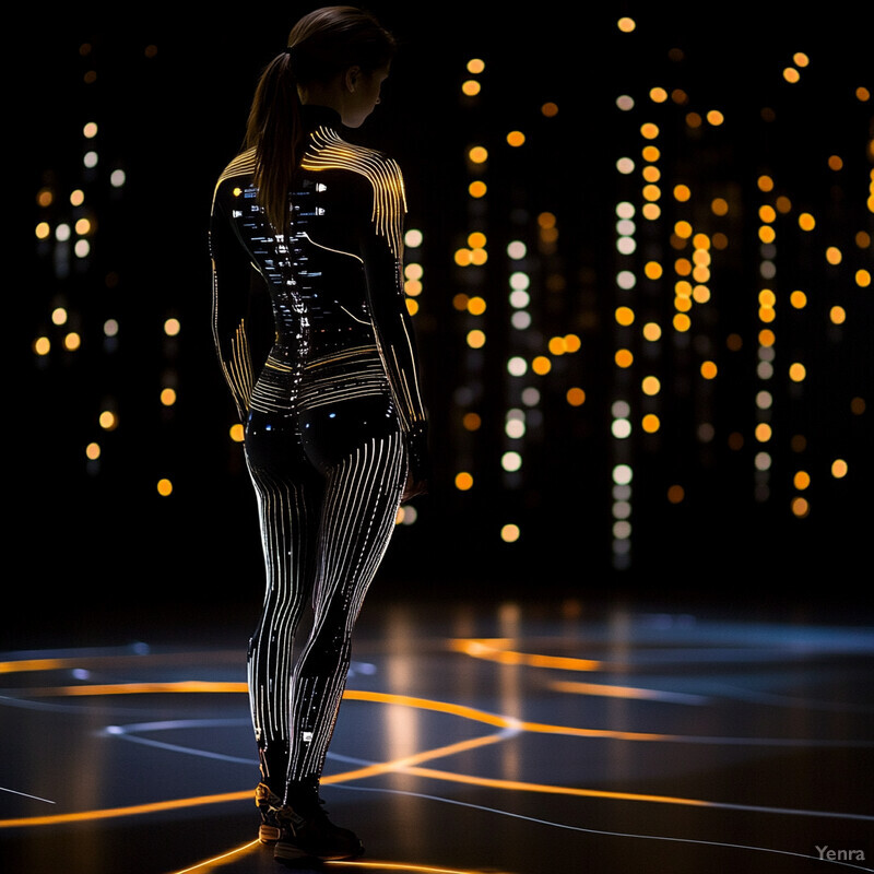 A woman in a futuristic outfit stands in front of a large screen displaying graphs and charts, surrounded by wires and cables.