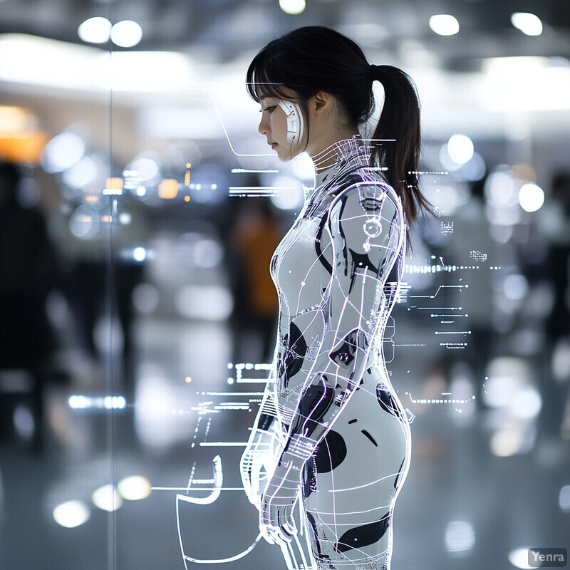 A woman dressed in a futuristic bodysuit with integrated sensors and technology is depicted in an urban setting, showcasing the fusion of human anatomy with cutting-edge technology.