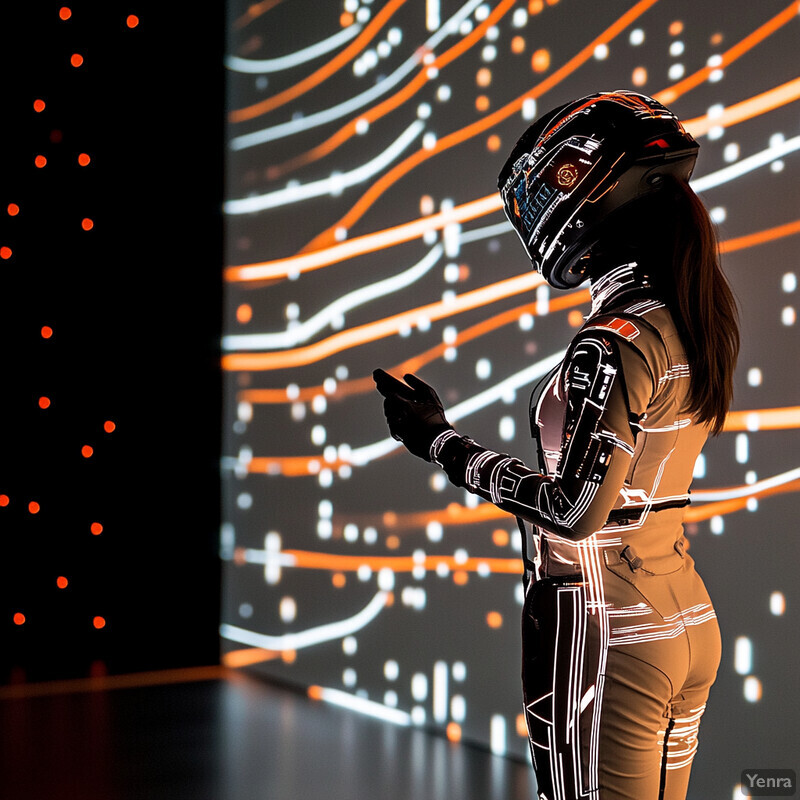 A woman wearing a futuristic-looking bodysuit and helmet stands in front of a large screen displaying data or information.