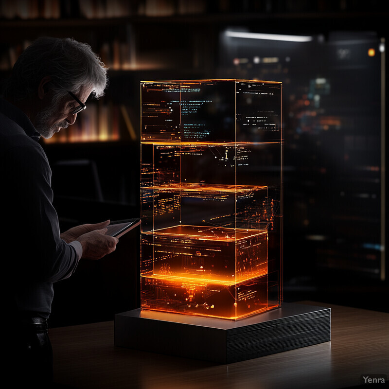 An elderly man is studying a glowing orange cube in an indoor setting.