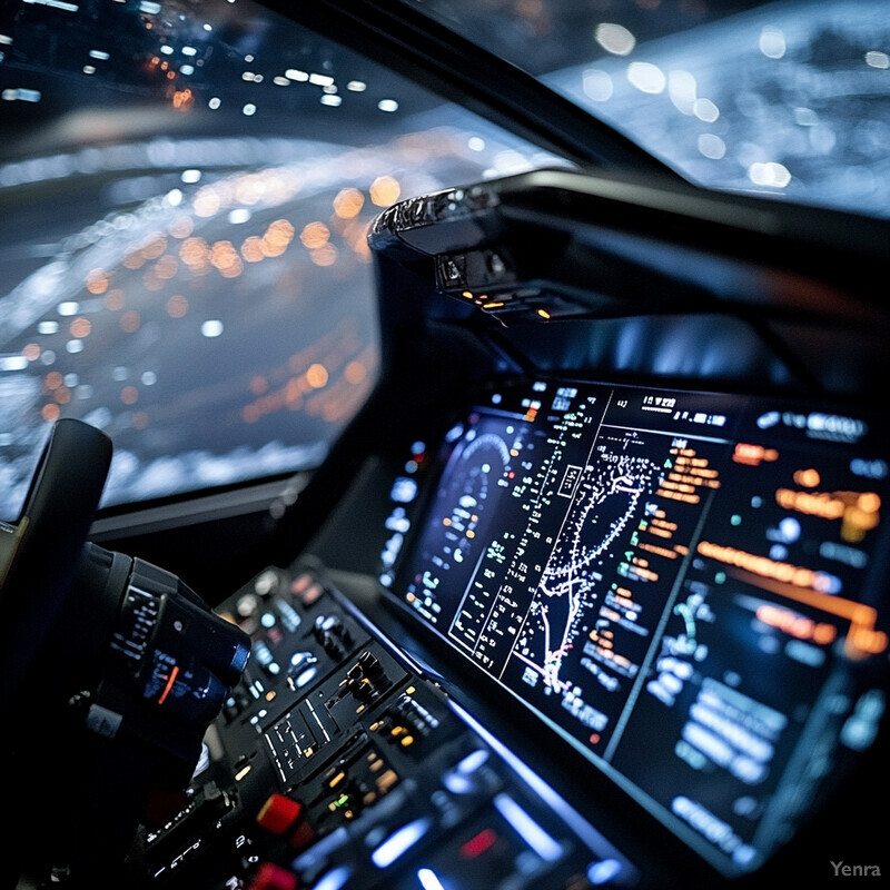 The image shows the interior of an airplane cockpit with advanced technology for monitoring and controlling various systems.