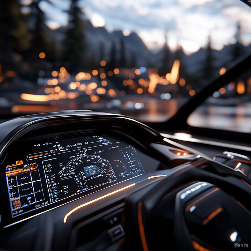 The image showcases the interior of a high-end vehicle, highlighting its advanced dashboard design and real-time data display.