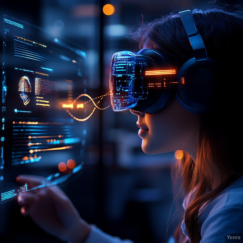 A woman wearing virtual reality goggles and headphones is intently focused on a screen displaying lines of code.