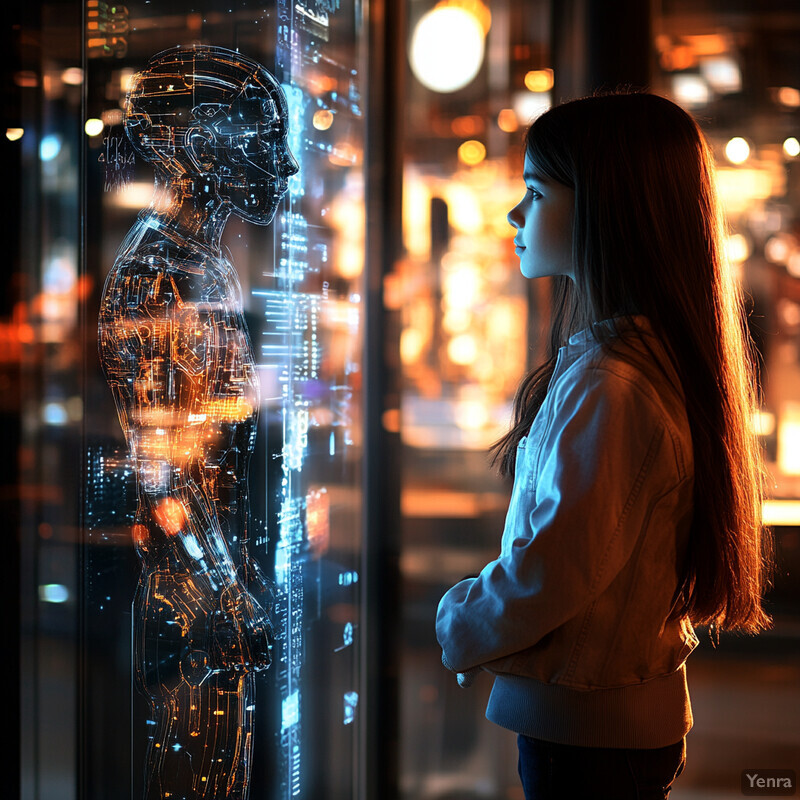 A young girl with long brown hair stands in front of a large glass window, gazing out at an urban cityscape.