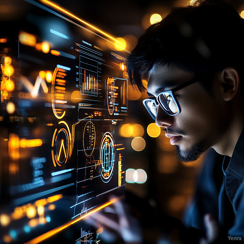 A man intently examines a large screen displaying graphs and charts.