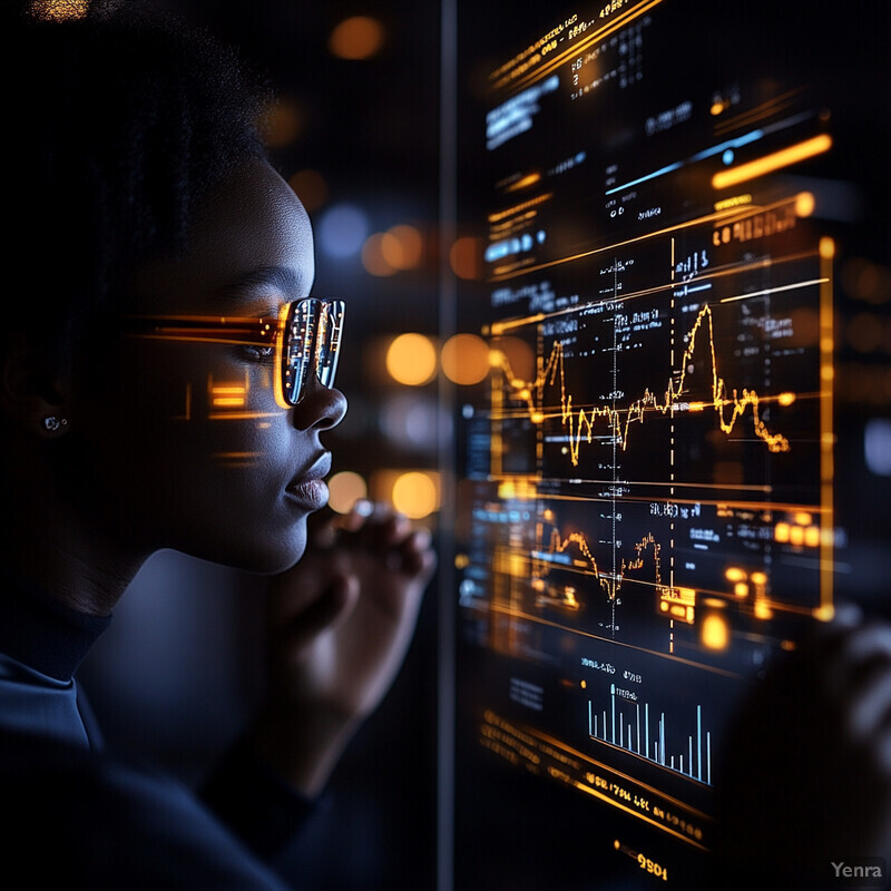 A woman analyzes financial data on her computer screen in an office setting.