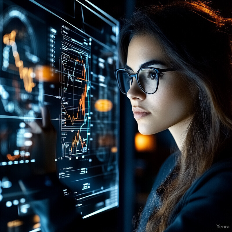 A woman is intently analyzing data on a large screen in an office setting.