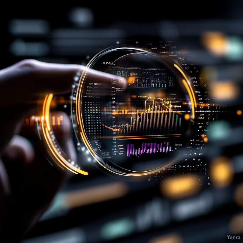 A futuristic and high-tech setting with a person's hand hovering over a transparent, circular interface displaying real-time data graphs.