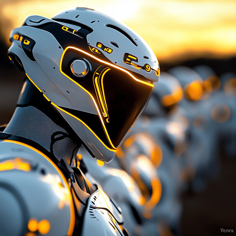 A row of robotic soldiers or guards stands at attention in a darkened room, each wearing gray armor and helmets with glowing yellow accents.