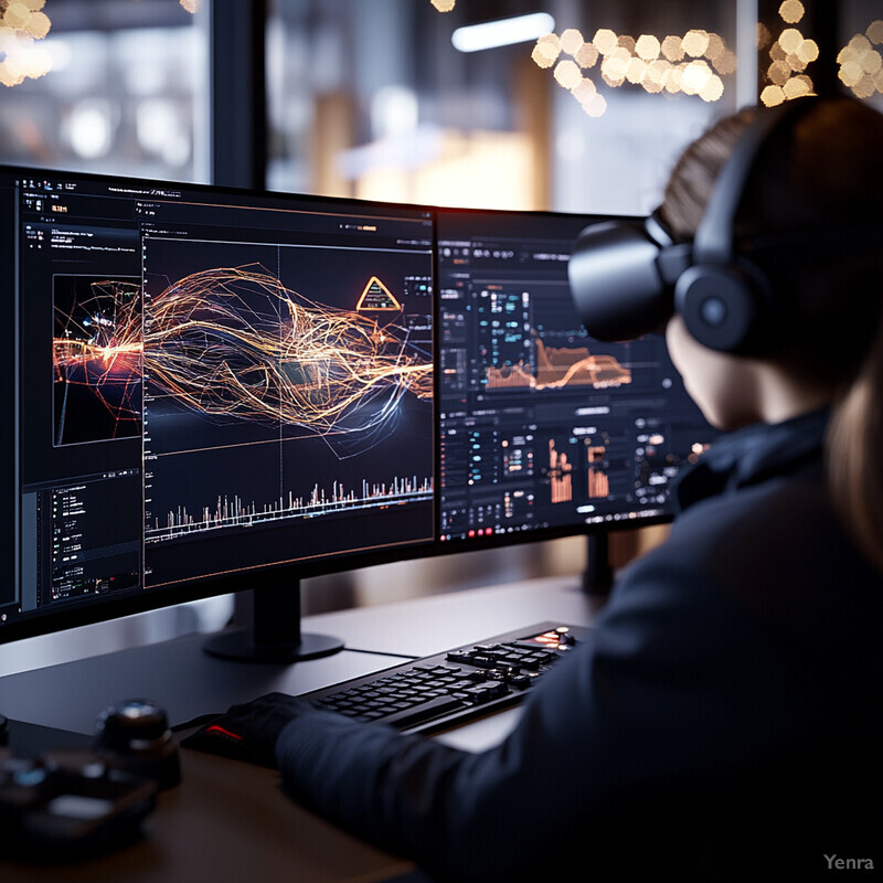 A person is intently focused on optimizing resources while wearing headphones and sitting in front of two computer monitors.