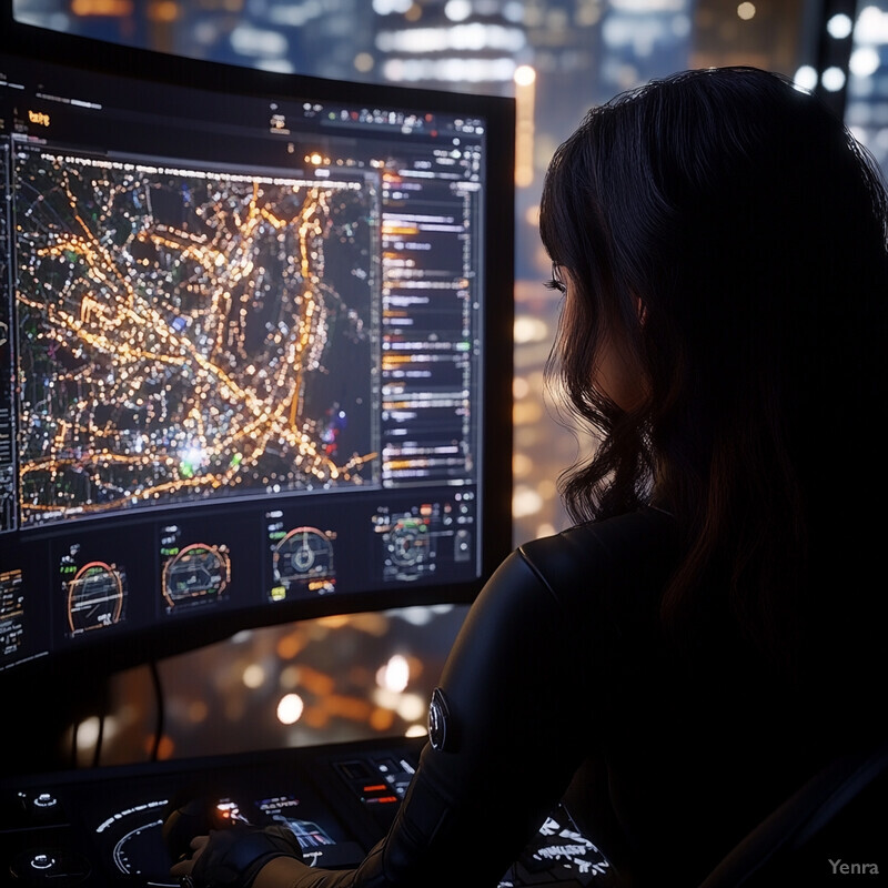 A woman in a black jumpsuit is intently focused on optimizing resources at her computer monitor.