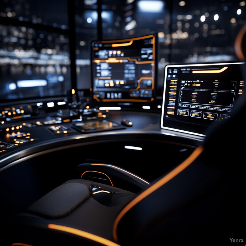 A futuristic control room with multiple screens and interfaces.