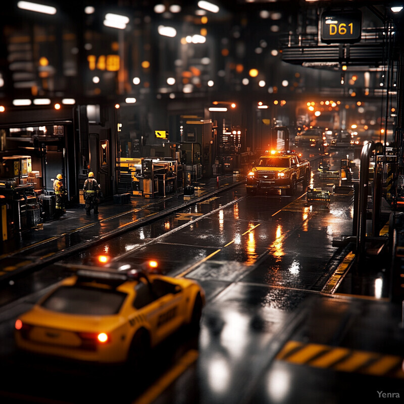 A dimly lit warehouse or factory setting at night, featuring yellow vehicles and black equipment.