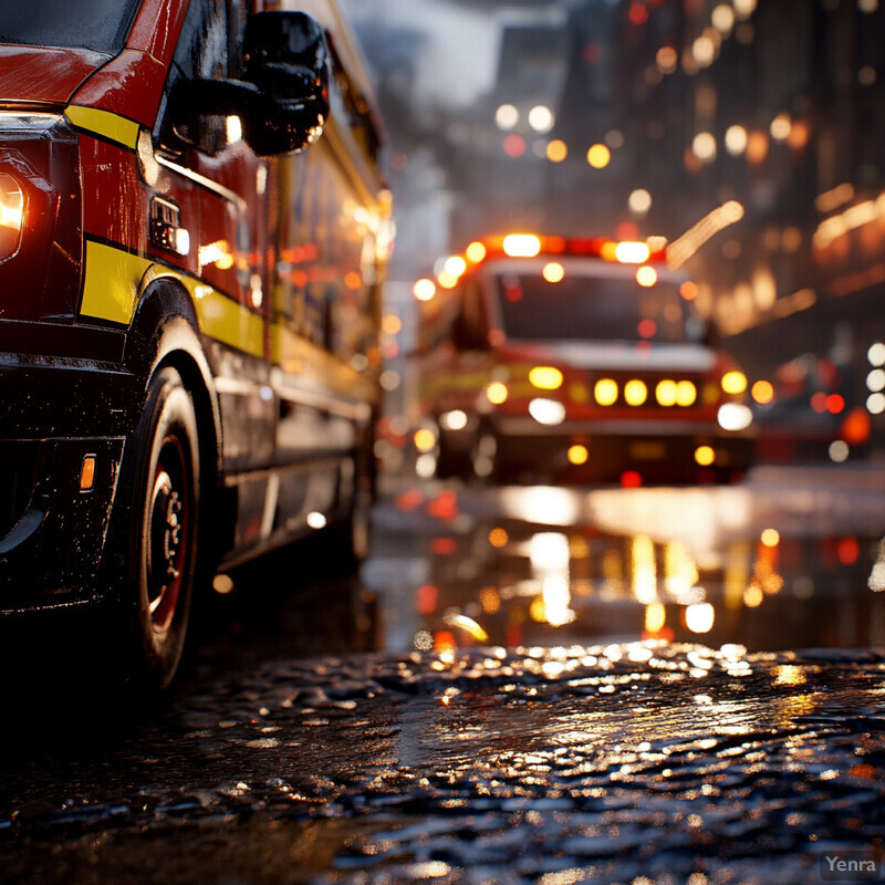 Two fire trucks parked in a city street at night.