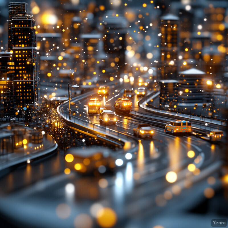 A cityscape at night with a focus on its infrastructure and transportation systems.