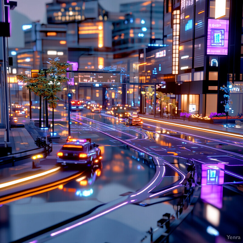 A futuristic cityscape with a focus on transportation and infrastructure, featuring neon-lit buildings, electric vehicles, and modern architecture.